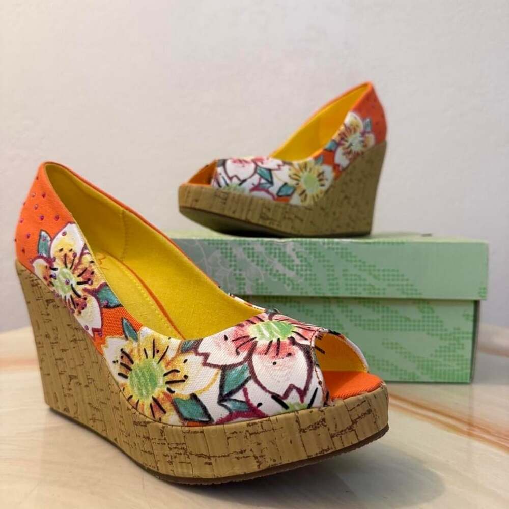 Ed Hardy Floral Cork Wedge Heels